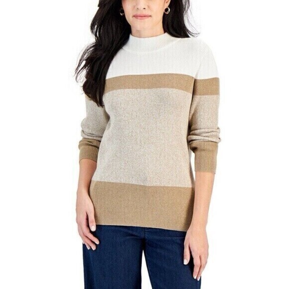 Karen Scott Colorblock Mock Neck Sweater Womens Sz XL Brown Casual Pullover New - Picture 1 of 16